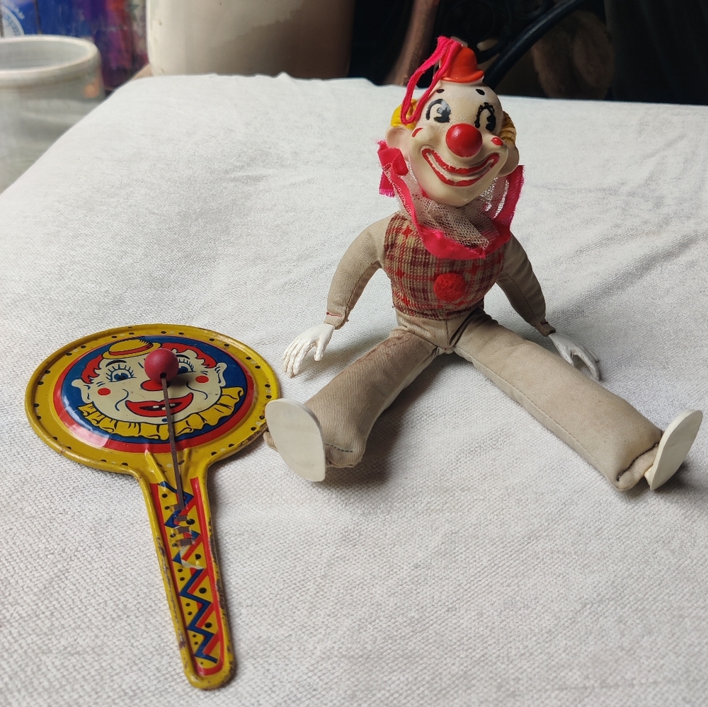 Vintage Clowns 2 Carnival Circus Noisemaker Doll Midcentury 11" Rubber Face 50s